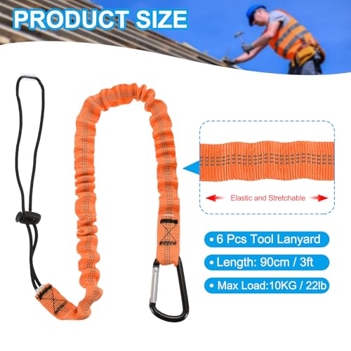 Image of MECCANIXITY Retractable Tool Lanyard 3ft with Single Aluminum Buckle and Adjustable Loop End, Maximum Weight Limit 10KG / 22lb, Safety Fall Protection Tools Leash, Orange 6 Pack