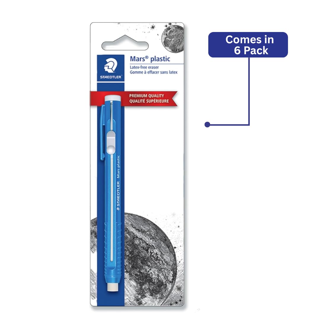 STAEDTLER 6er Pack Mars Kunststoff Radierstift mit nachfüllbarem Halter, Deutscher Radiergummi für Bleistifte, Wisch- & Reißfreie Präzision, Einziehbares Design mit Clip, Blau, 6 Stück
