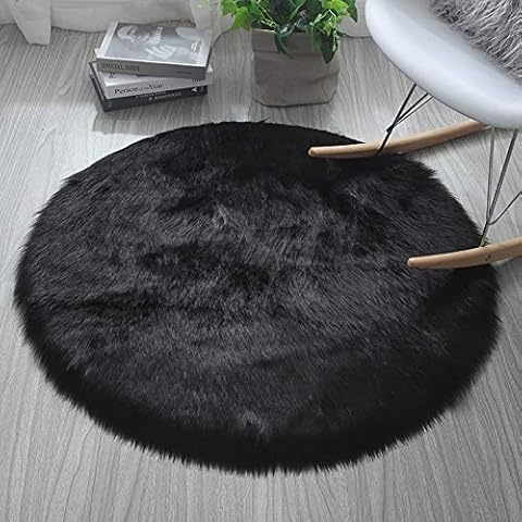 Ultra Soft Round Faux Sheepskin Fur Area Rug Circular Shaggy Rug Round Fluffy Area Rugs Plush Circle Floor Carpet for Bedroom Living Room Floor Decor Available in 6 Sizes,Black,120cm Cover
