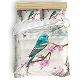 Full Comforter Covers Sets Blue Bird Peach Floral Tree Branches 4 Piece Duvet Cover Set Lightweight