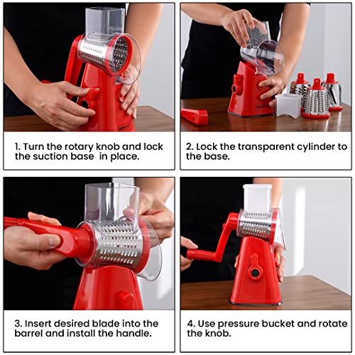 Shop Lc Red Cheese Grater Rotary Handheld With 3 Drum Blades, Grater Slicer Shredder For Vegetables Carrots Nuts, Strong Suction, Easy To Use, Easy To Clean, Easy To Assemble, Easy Replacement #TOP4