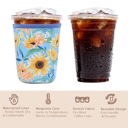 Image of Reusable Insulated Sleeve for Iced Coffee Cup, Coffee Neoprene Sleeve for Cold & Hot Drinks, Beverage Holder for Iced Coffee (Sunflower Smile, Small: 16-18oz)