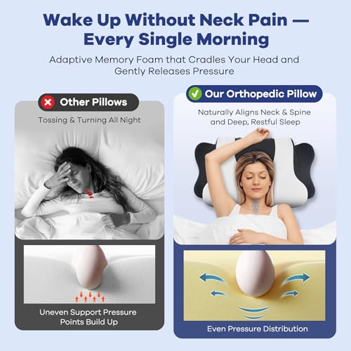 Image of Cervical Neck Pillow for Pain Relief,Cervical Pillow with Memory Foam Ergonomic Pillows with Dual Heights for Back,Stomach and Side Sleepers Kids' Floor Pillows Cushions (Dark Black, Standard 27 inchx16 inch)