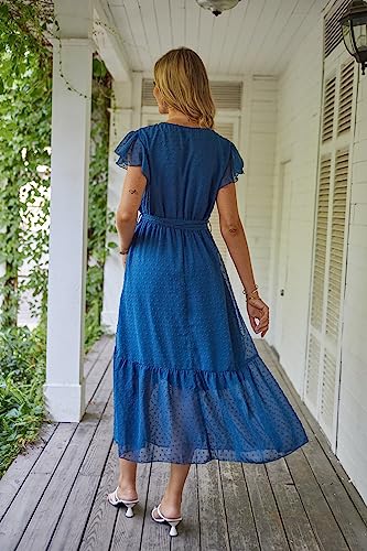 Image of VintageClothing Womens Sundress Casual Floral Summer Boho Dress | Flowy Wrap V Neck Ruffle A-Line Pleated Hem Midi Dresses