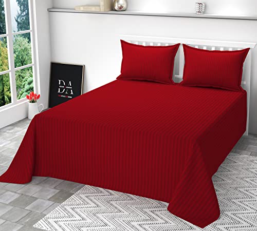 Image of DECOR2ADMIRE 300 TC Premium Glace Cotton All Round Elastic Fitted Plain Stripe Pastel Shades Queen Size Bedsheet with 2 Pillow Covers (Red, Super King 108 inch x 108 inch)