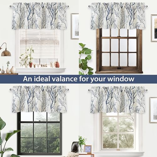 Driftaway TREEB5214BLUE Tree Branch Linen Lined Valance Double Layer Thermal Insulated Room Darkening Blackout Valances 3 Inch Rod Pocket Short Window Valance thumb #6