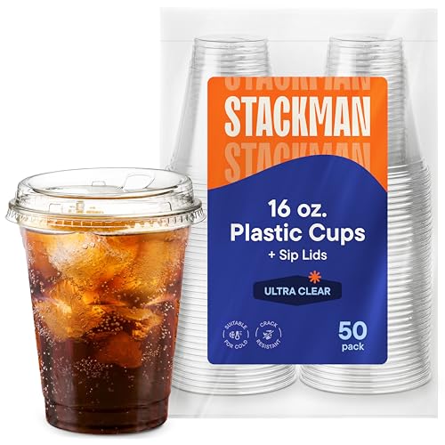 16 oz Clear Plastic Cups with Strawless Sip-Lids [50 Sets] PET Crystal Clear Disposable 16oz Plastic Cups with Lids - Crystal Clear, Durable Cup - BPA Free + Crack Resistant, for Coffee, Juice, Shakes