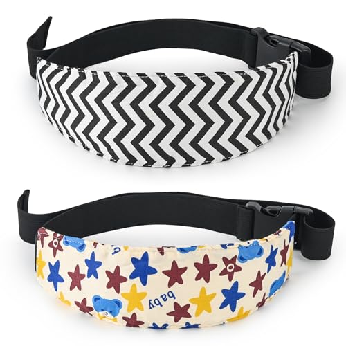 Image of Luckyiren 2-Pack Baby Car Seat Head Support Strap Set, Minimalist Beige Stars and Stripes Pattern, Cotton, Machine Washable, 8.4x4x1.1 Inches