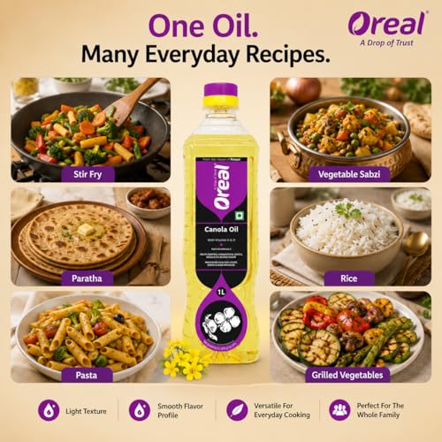 Image of Oreal Premium Pure Canola Oil, 1 Litre for Cooking | Natural | Chemical-Free | Healthiest Cooking Oil | Rich in Omega-3 and Omega-6 | Improve in Metabolisms & Keeps Active | Preservative Free Suitable for all Ages