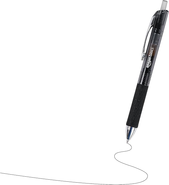 Amazon Basics Retractable Gel Ink Pens, Rubber Grip, Smudge Free, Ideal for School, Office, Fine Point (0.7mm), Black, Pack of 12
