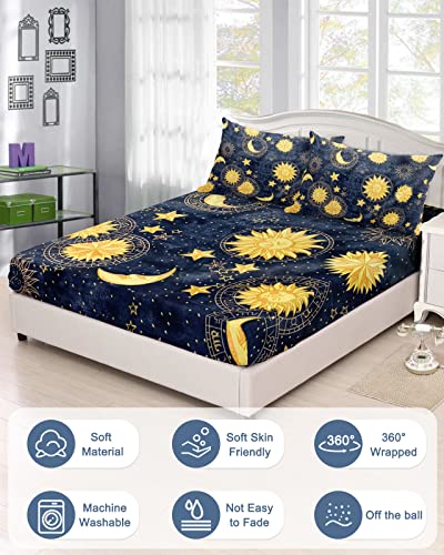 Litter Star 230523CNPLTYUHJNEWDSLEX00070SJQDGLA Queen Fitted Sheets,Boho Golden Sun Moon Soft Microfiber Brushed Sheet & Pillowcase Sets,Bohemian Hippie Art Comfort Fitted Bed Sheets,Starry Sky Non Slip Bed Sheets Cover Up Fits Mattress thumb #1