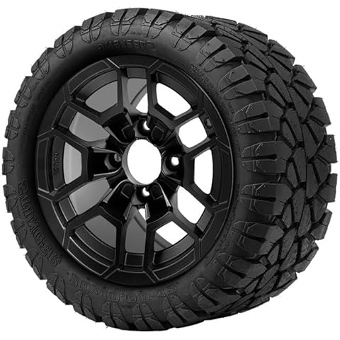 Hardcore Parts 12" Matte Black 'TALON' Golf Cart Wheels and 20″x10″-12″ STINGER On-Road/Off-Road DOT rated All-Terrain tires - Set of 4, includes Matte Black 'SS' center caps and 1/2"-20 lug nuts Cover