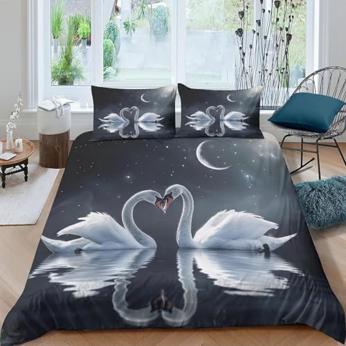 Tier Schwan Bettwäsche 135X200 cm Kinder Bettbezug Set 3D Druck Bedding Bettwäsche 3 Teilig Bettbezüge Hohe Dichte Mikrofaser Bettbezug 2 Kissenbezug - Hypoallergene Weich Tagesdecke -47116022