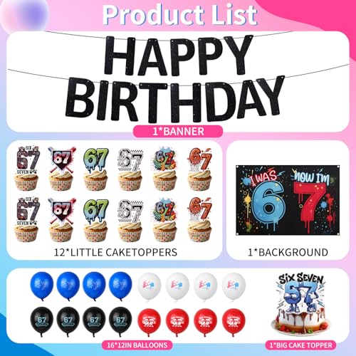 Fvbber 67 Birthday Decorations Set – I Was 6 Now I’m 7 Party Supplies with Banner, Cake Topper, Balloons, Backdrop, Funny Meme Birthday Party Decorations(Blue)