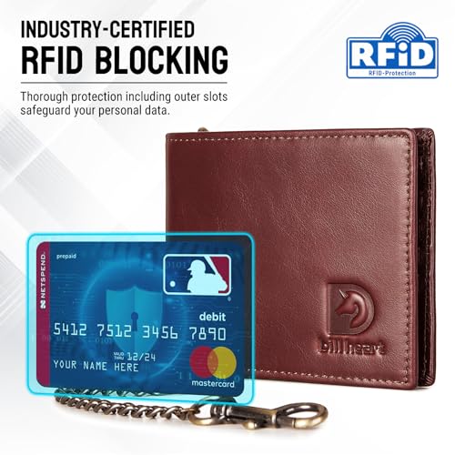 Image of Mens Wallet with Chain, RFID Blocking Genuine Leather Bifold Wallet with Sturdy Chain