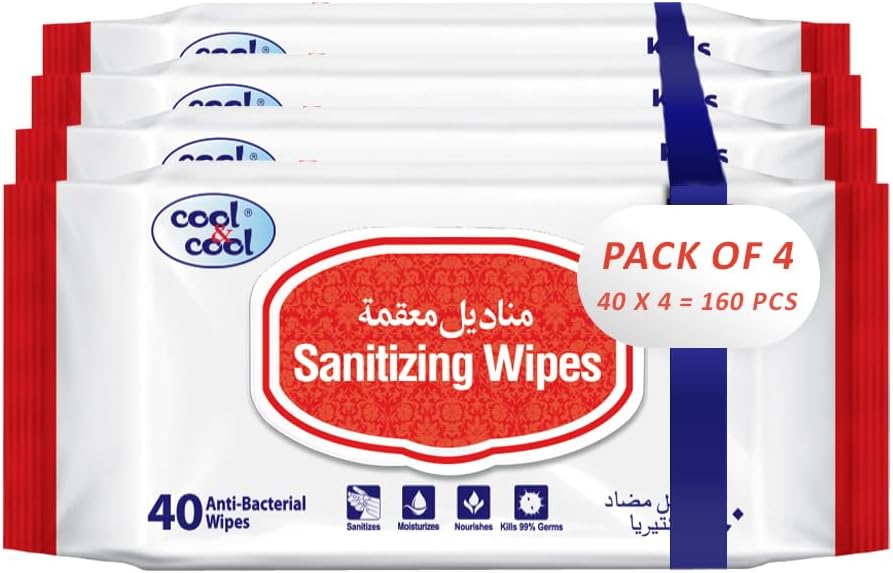 Sanitizing Wipes - 40's (Pack of 4) - Antibacterial Skin Wipes with Vitamin E,Kills 99.9% Germs,Convenient for Use,Aloe Vera Gel & Herb Extract, Moisturizing and Nourishing - 160 Wipes