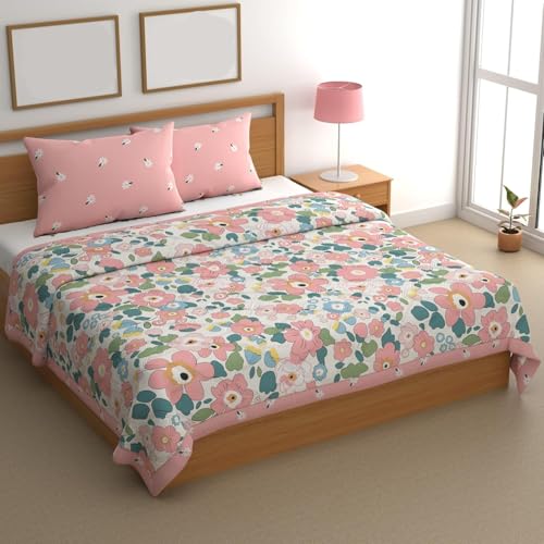 Image of DECOMIZER Super Soft Glace Cotton King Size AC Comforter II Blanket II Duvet for Double Bed with 1 Flat Bedsheet and 2 Pillow Cover - 4 Piece Comforter Set - Pink Flower-300 TC
