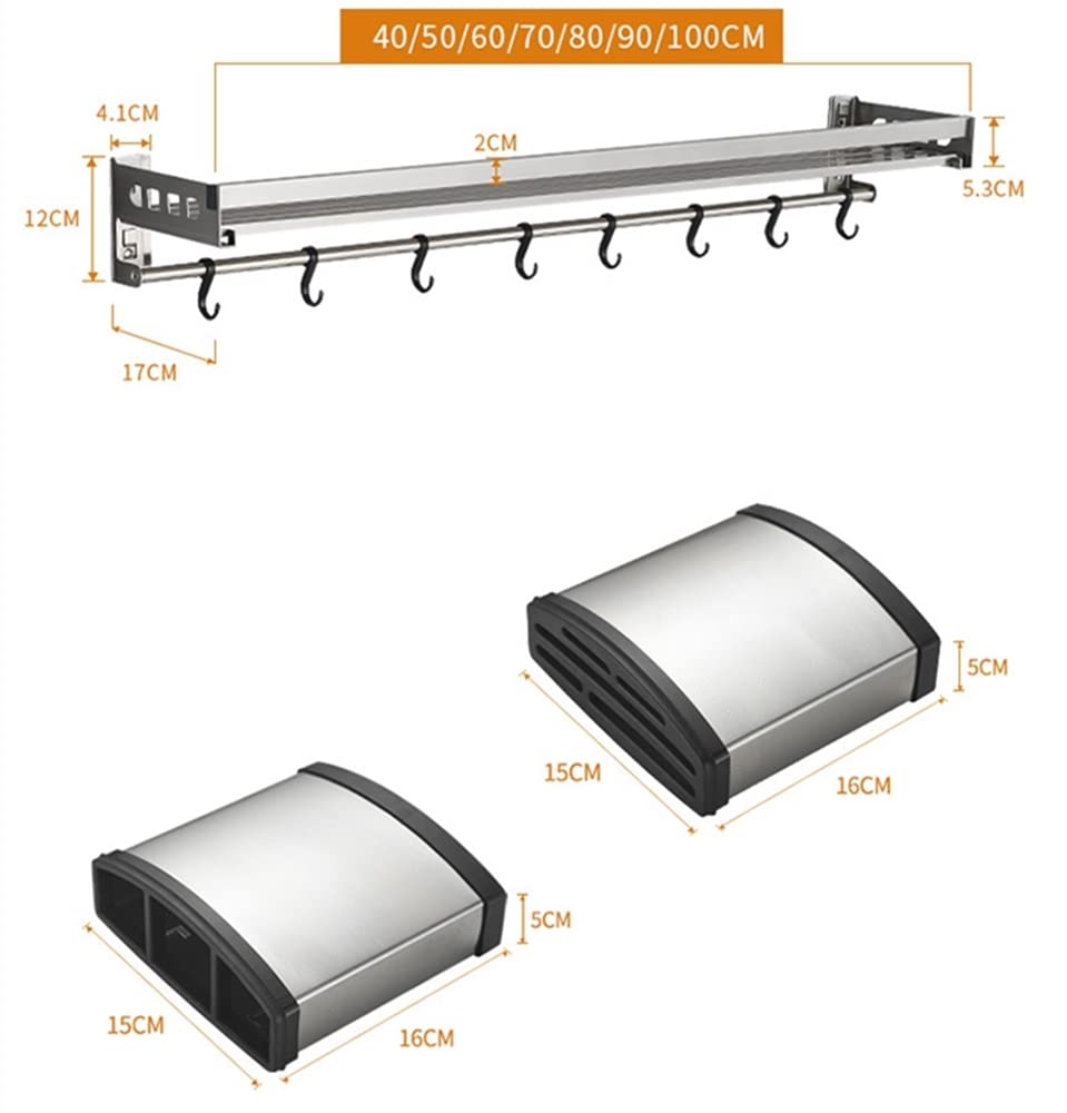 Gewürzregal Wandmontierter Topf Pfannenregal Multifunktionales Küchenregal Lagerregal Edelstahlblöcke Aufhänger Haken Topforganisatoren (2 Hängebox 8 Haken)-L90CM