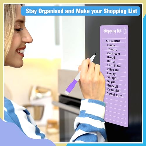 Image of Clickedin Magnetic Shopping List Grocery Fridge Magnet, 10x24 cm Acrylic Board with Marker (Purple)