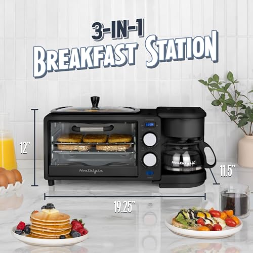 Nostalgia 3-in-1 Retro Breakfast Station - Includes 5 (4 Oz) Cup Coffee Maker, Non-Stick Ceramic Griddle, and 4-Slice Toaster Oven - Built-In Timer, Reusable Coffee Filter, Space-Saving Design - Black - image 2