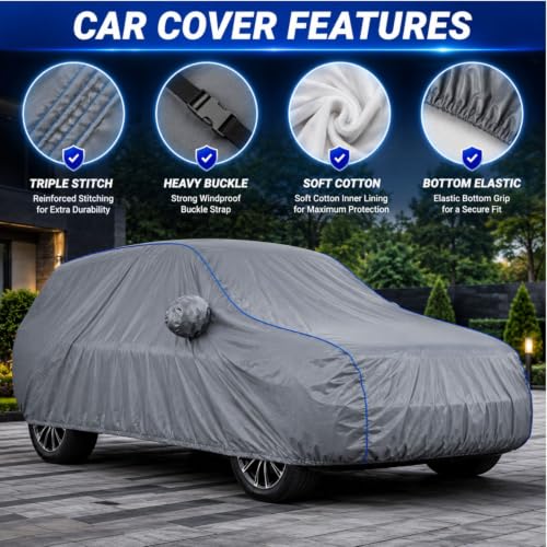 Image of Waterproof Car Body Cover for Dzire 2017-24 All Weather Protection Comes with Inner Cotton Lining & Triple Stitched with Mirror & Antenna Pocket Belt & Elastic Fit Grey with Yellow Piping2