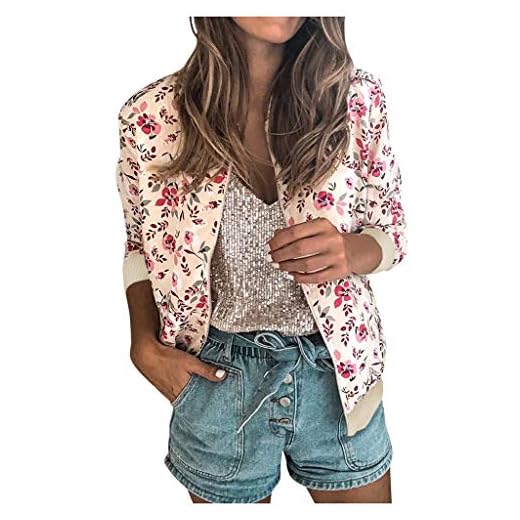 Zldhxyf Tunn bomberjacka damer blommor lätt kort jacka vår höst dragkedja stående krage casual coat outwear kort jacka damjacka, ROSA, XL