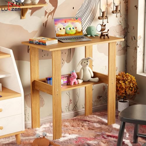 Image of Lukzer Engineered Wood Study Table | Modern Computer Table for Home & Kids Study Room | ST-004S /Oak Light | Compact Design Office Desk with Storage Shelf Work from Home Laptop Table Gaming Workstation
