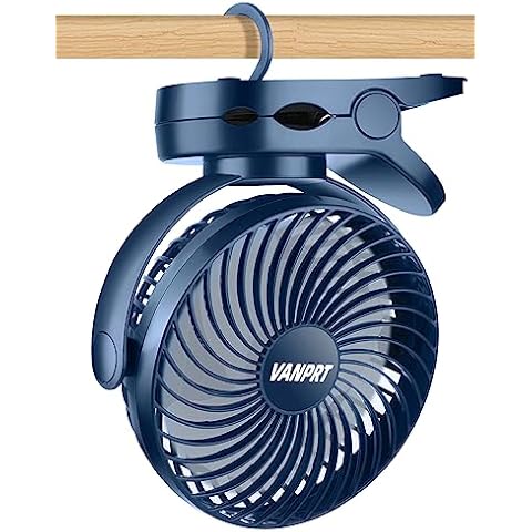 VANPRT 6'' Clip Fan, Portable Clamp Fan with Hanging Hook, 5000mAh Rechargeable Battery Fan, 3 Speeds, 720° Rotation, Quiet, Strong Grip Clamp, 7-30 Working Hours for Camp Stroller Bed - Blue Cover