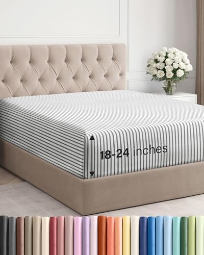 Image of Extra Deep Full Fitted Sheet - Single Fitted Sheet Only - Grey Stripes | Easily Fits 18 inch to 24 inch Mattress, Soft, Wrinkle Free, Breathable & Comfy, Extra Deep Pockets Hotel Luxury Fitted Sheet