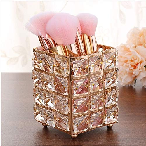 chenchuan household articles metal crystal square makeup brush storage box pen storage bucket(silver) desktop storage box (color : gold)
