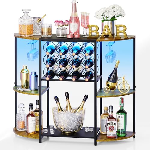 JKsmart Wine Bar Cabinet with LED Lights, Mini Wine Rack with Storage and Glass Holder, Home Bar Cart for Liquor, 3-Tier Bar Table for Kitchen, Dining Room, Living Room, Rustic Brown