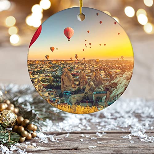 Christmas Ornament Hot Air Balloons Flying Over Spectacular Cappadocia Xmas Tree Hanging Keepsake, Double Sided Porcelain/Ceramic Ornament, Gift For Friends/Tour Pal, 3 Inches, Made In The Usa #TOP3