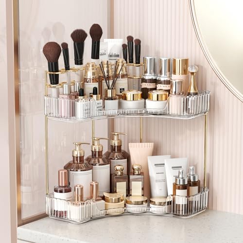 Image of BEFSOP Corner Bathroom Counter Organizer, Upgraded 2-Tier Makeup Organizer Countertop with Makeup Brush Holder, Skincare Exquisite Vanity Organizers Countertop Bathroom Storage Dresser(CLEAR)