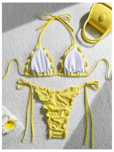 MakeMeChic Women's Polka Dots Bikini Sets Halter Tie Backless Frill Trim String Swimsuits2