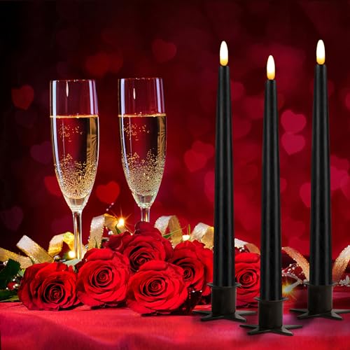 Image of CVHOMEDECO. Flameless Taper Candles with 10-Key Remote, Battery Operated Led Flickering 3D Wick Window Candles Real Wax Finished Home Christmas Party Decor 0.78 x 11 Inch, Pack of 3, Black