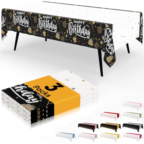 Image of Smiry Plastic Table Cloth Disposable 3 Pack, 54 x 108 Inch Waterproof Rectangle Tablecloths for Birthday, Parties, Decorative Plastic Table Cover, Leakproof & Sturdy, Black & White