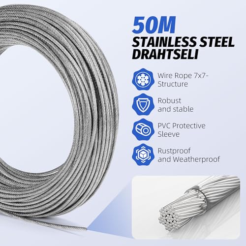 Corde à linge extérieure durable grâce au câble métallique 50m en inox