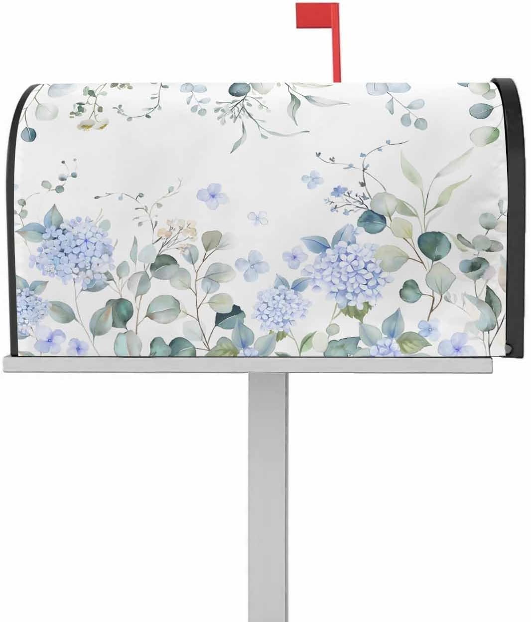 Blue Hydrangea Mailbox Covers Magnetic Mailbox Wraps, Eucalyptus Leaves Rustic Flowers Botanical Post Letter Box Cover for Garden Yard Outdoor Decor Standard Size 21x25.5 Inch