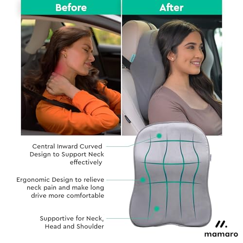Image of Car Neck Rest Pillow, Memory Foam Head Rest & Neck Support Cushion for Car Seat, Office Chair | Comfortable Ergonomic Design for Neck Pain and Muscle Tension Relieve (Grey, 17x12x5 Inch, Large)