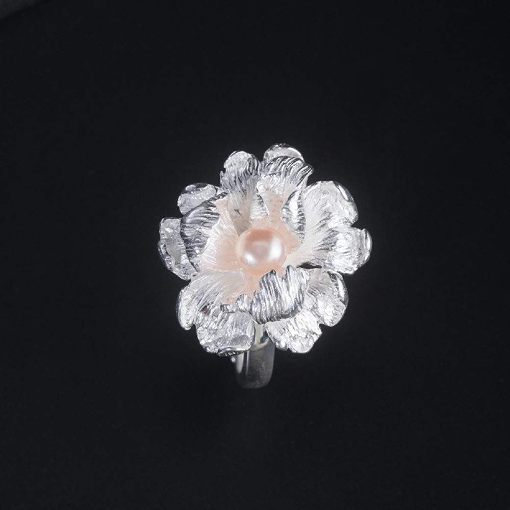 HGJH Anelli d'Argento,S925 Anello in Argento Sterling con Fiore di Peonia Anelli Regolabili Anello Aperto retrò in Stile Cinese Anello in Argento con Ciondolo Eternity Regali per Gioielli per Ragazze