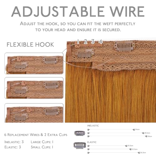 Image of WENNALIFE Wire Hair Extensions Real Human Hair 18 inch 125g Auburn Ginger Remy Hair Invisible Transparent Wire Fish Line Straight Reusable Natural Looking Easy to Apply Reusable for Volume and Length