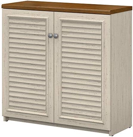 Bush Furniture Fairview Small Storage Cabinet with Doors in Antique White and Tea Maple, Beige