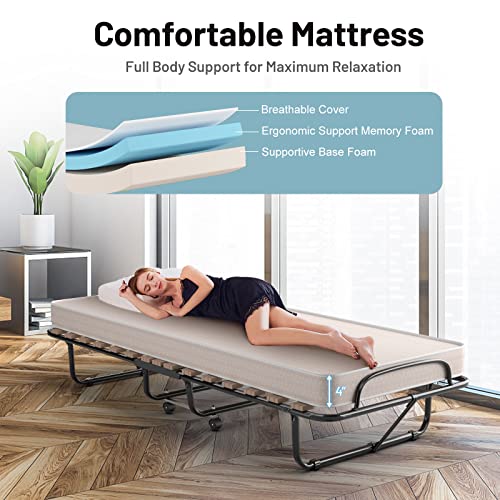 KOMFOTT Folding Rollaway Bed with 4 Inch Mattress, Foldable Bed with Memory Foam Mattress for Adults, Portable Fold Up Guest Bed with Sturdy Steel Frame on Wheels for Home & Office, Made in Italy - Thumbnail 5