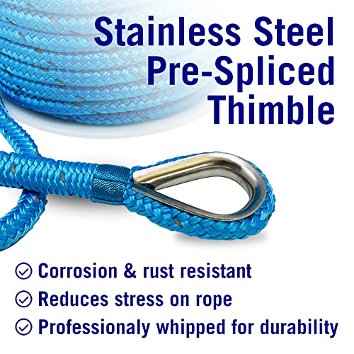 Image of Better Boat Premium Anchor Rope, 100 Ft Double Braided White Nylon Marine | Line, Reflective 3 /8 Inch Reel for Anchors and Boats, Blue