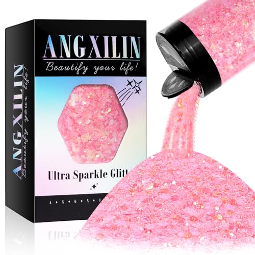 ANGXILIN Holographic Chunky Glitter 190g/6.7oz Chunky and Fine Mixed Craft Glitter Bulk Laser Sequin Glitter for Face Body Nail Art Epoxy Resin Tumbler Jewelry Making Glitter (Iri Pink)