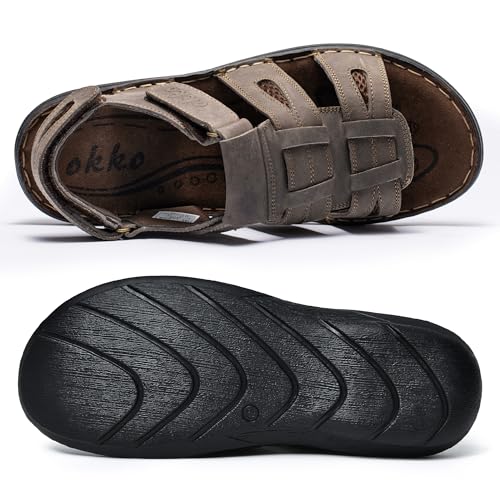 OKKO Mens Leather Sandals Open Toe Athletic Fisherman Sandal Casual Summer Outdoor Shoes for Men Grey, Size 93