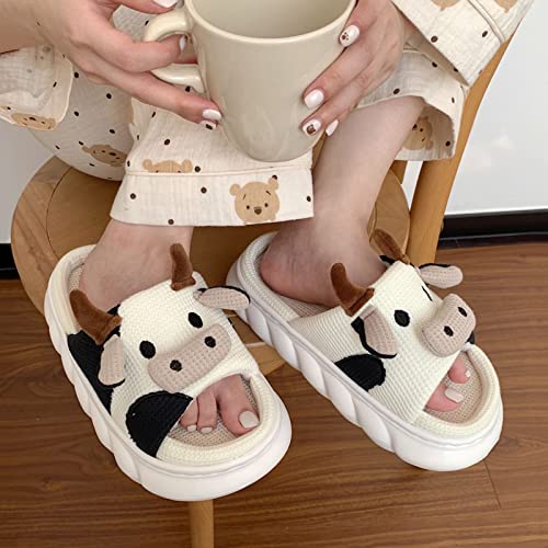 Cute Cow Slippers, Kawaii Fuzzy Milky Cow Slides, Winter Warm Milk Cow House Slippers, Indoor Cozy Cartoon Animal Slipper House Shoes for Women Men (Linen Cow,12 Women/10 Men)4