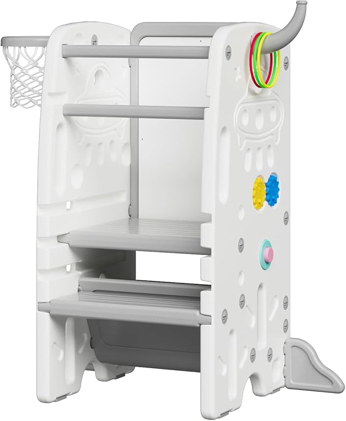 Gupamiga Torre de aprendizagem Montessori para crianças, anti-capotagem, regulável em altura, degraus antiderrapantes, com funções de entretenimento como pintura, basquetebol ou lançamento de aros