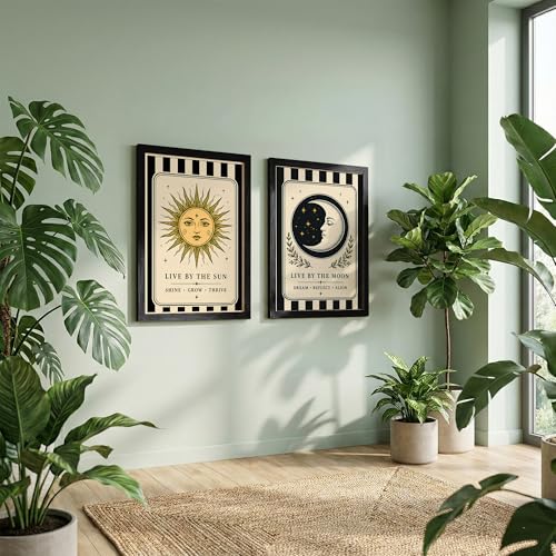 Image of NoWorries Sun & Moon Wall Art Set of 2, Celestial Boho Decor, Vintage Tarot Inspired Prints, Spiritual Wall Decor for Bedroom, Living Room & Meditation Space (Art-16, 13x19inch)