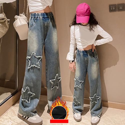 Girls Wide Leg Y2K Jeans Kids Trendy Streetwear Star Graphic Denim Pants Elastic Waist Baggy Trousers with Pockets4